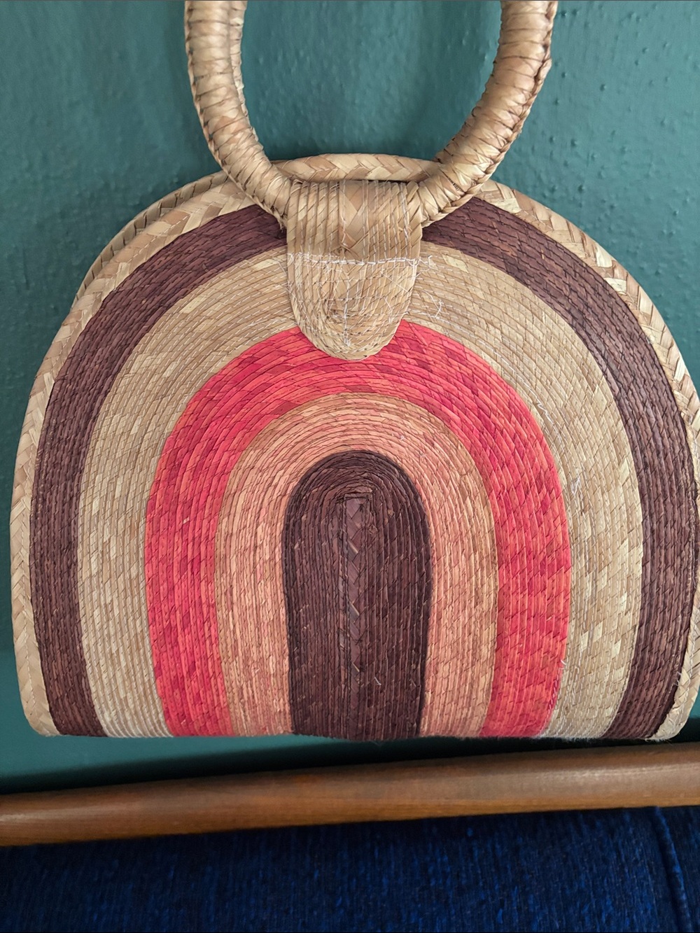 Woven Straw Rainbow Tote Bag in Natural, Brown & Coral - Picture 3 of 4